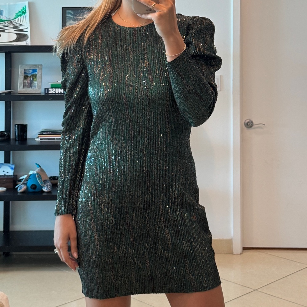 Zara Green Cocktail Sheath Dress with Puff Sleeves